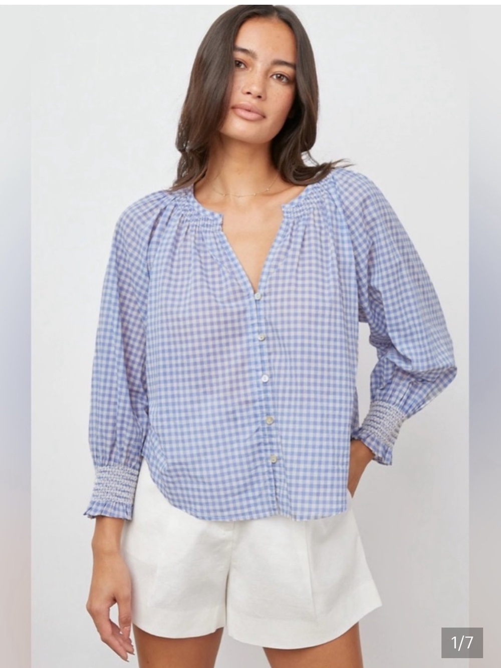 Rails Mariah Carolina GiLight Blue Gingham Button Peasant 100% Cotton Blouse